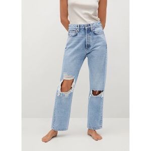 Mango High Waist Distressed Straight Leg Denim